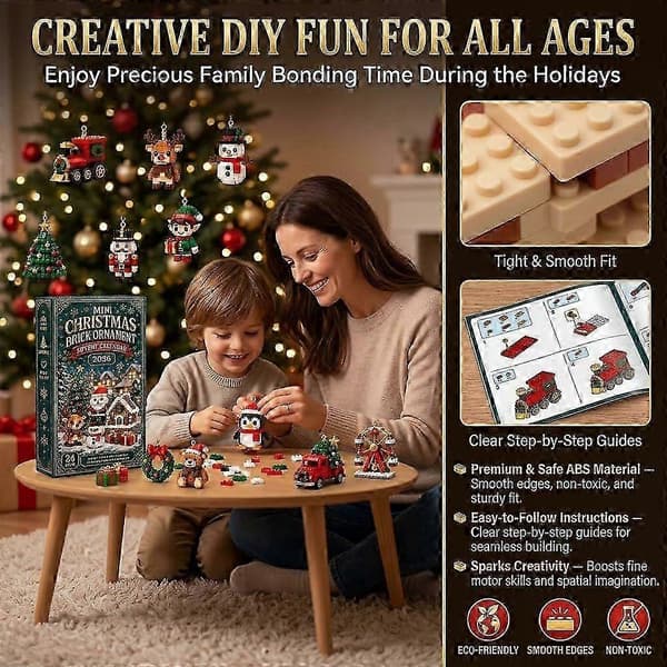 24-dages jule-nedtælling mini jule-byggeklods-pynt julekalender 2026 med 24 mini-modeller & juletræspynt