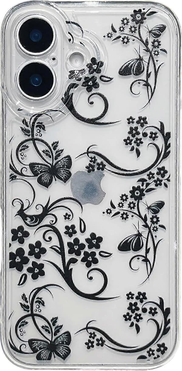 Designet til iPhone-etui, Retro Sort Blomster Sommerfugl Klart Blødt Telefonetui (Klar, til iPhone 16 Pro Max)