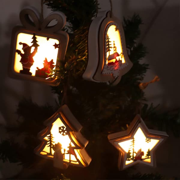 LED Julepynt i træ til juletræ, rustik juletræspynt med lys, træ-julepynt 2 stk. (Juletræ)