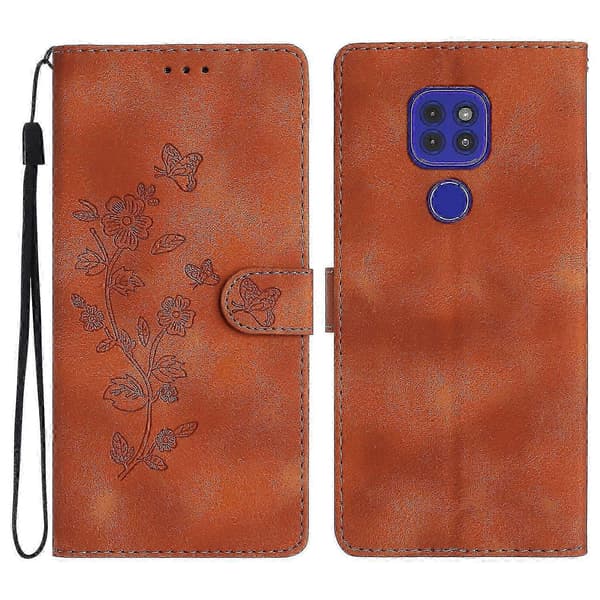 Blomstret læretui til Motorola Moto G9/G9 Play/E7 Plus (brun)