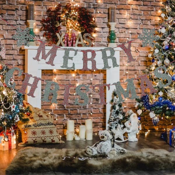 Rødt og grønt glitrende Merry Christmas-banner - Julefestpynt, julebanner, Grinchen-julepynt, julepynt til hjemmet