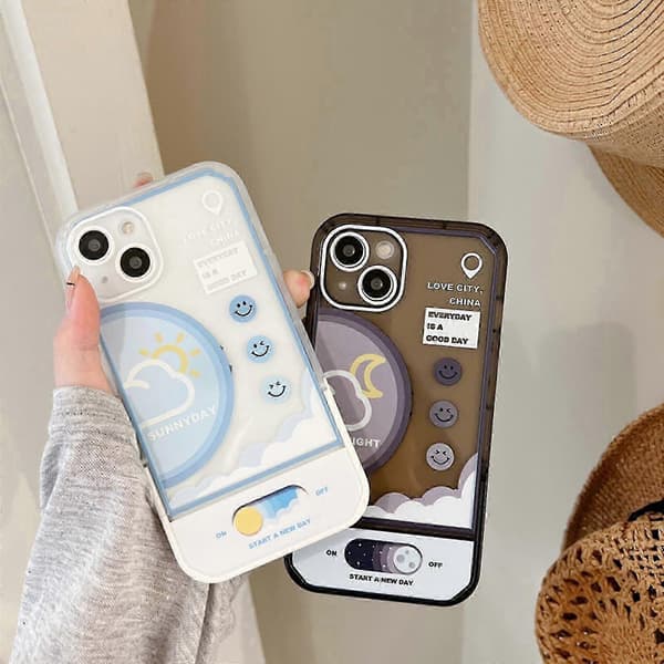 Værmelding Smiley-deksel til iPhone 12/13-serien, TPU-beskyttelsesdeksel med usynlig sammenleggbart stativ
