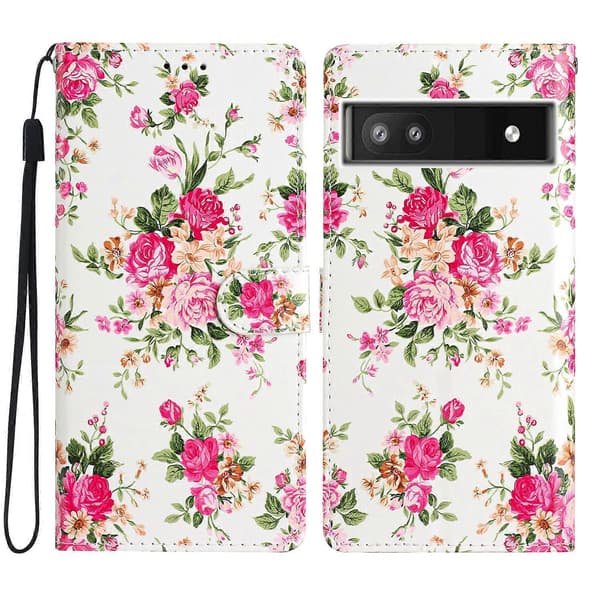 Plånboksfodral med stativ för Google Pixel 6a, mönstertryck PU-läderfodral med rem (Röda blommor)