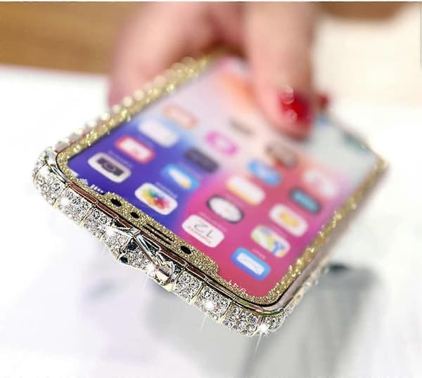 För iPhone 13 Pro Max Diamond Strassfodral för kvinnor med glänsande pläterad metall Bumper Frame Edge Case (Guld)