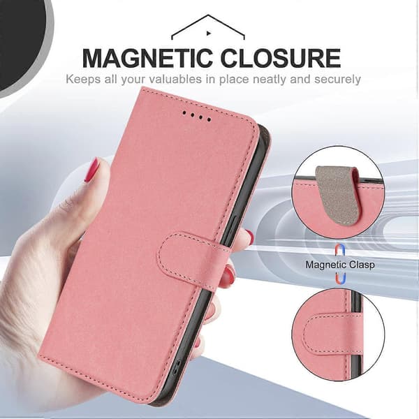 Läderfodral för iPhone 17 Pro, enfärgat mobilskal med plånbok - Rosa (Rosa)