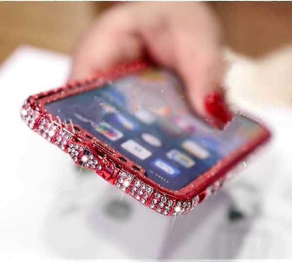 Til iPhone 13 Pro Max Diamond Rhinestone-etui til kvinder med skinnende metal Bumper Frame Edge Case (rød)