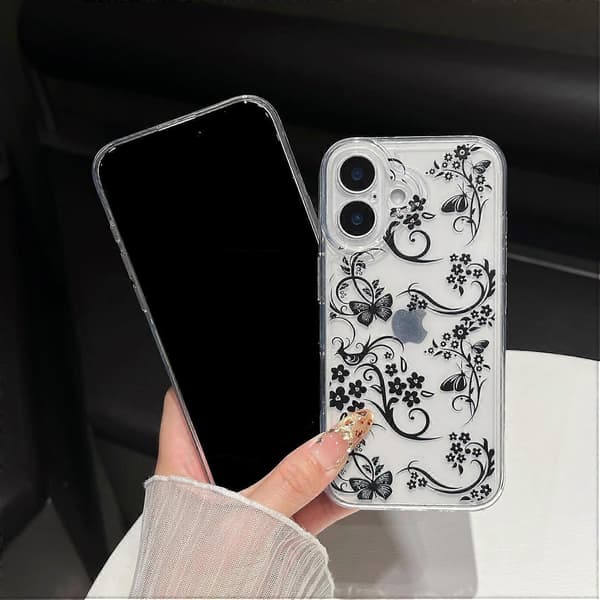 Designet til iPhone-etui, Retro Sort Blomster Sommerfugl Klart Blødt Telefonetui (Klar, til iPhone 16 Pro Max)