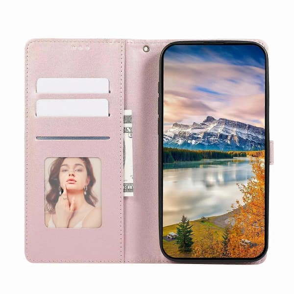 For iPhone 17 Air-deksel Spleiset preget rombe skinntelefondeksel med håndleddsstropp - Rosegull