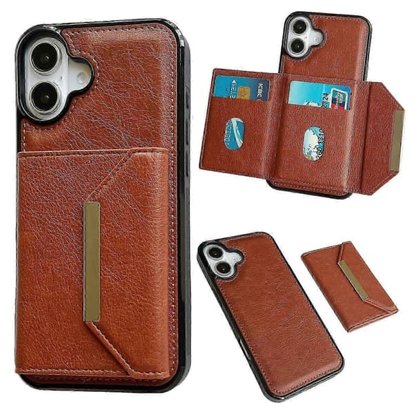 Iphone 16 Plus -kotelo korttipussilla ja jalustalla, TPU+PU-puhelinkuori - Musta