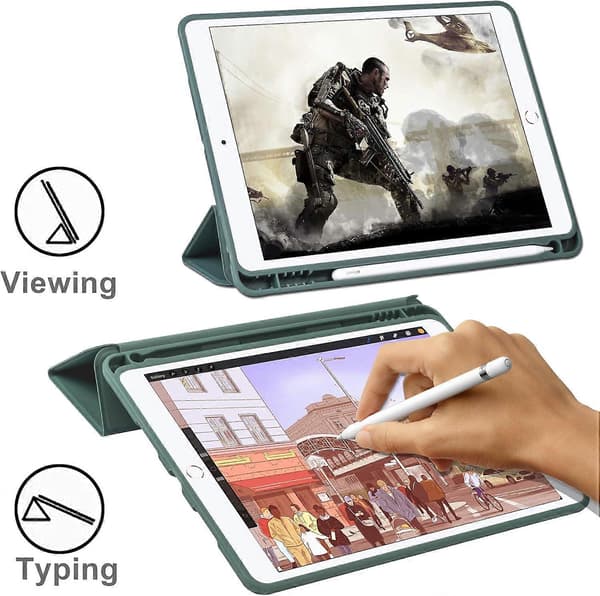 iPad 10,2 tommers deksel Hjørnebeskyttelse Multi-Angle Viewing med pennholder Auto Wake/Sleep (mørk nattgrønn)