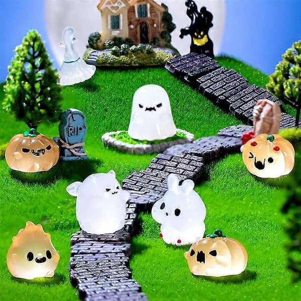 Lysende Halloween Mikro Landskab Miniature Figurer Harpiks Håndværk Mini Fe Havepynt Græskar Spøgelse Vampyr Dekoration