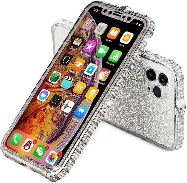 För iPhone 13 Pro Max Diamond Strassfodral för kvinnor med glänsande pläterad metall Bumper Frame Edge Case (Silver)