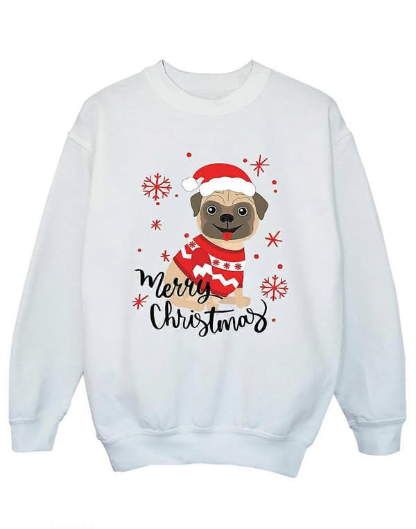 Julegenser for jenter med julemops og teksten Merry Christmas