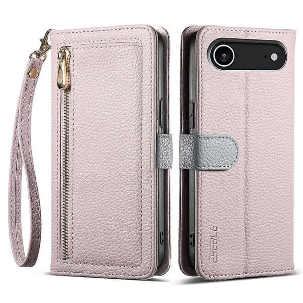 ESEBLE E11 Compatible For iPhone 17 Air Case Zipper Pocket Litchi Texture Leather Phone Cover With Mirror And Wrist Strap