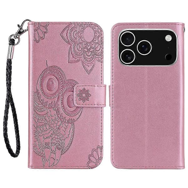 Til iPhone 17 Pro Max etui Ugle Blomst Præget Læder Cover Pung med Rem - Rosaguld
