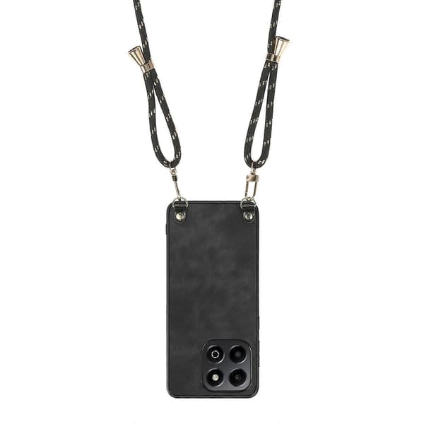Til Honor X6a 4G Retro Læder Telefon Bagcover med Justerbar Rem (Sort)