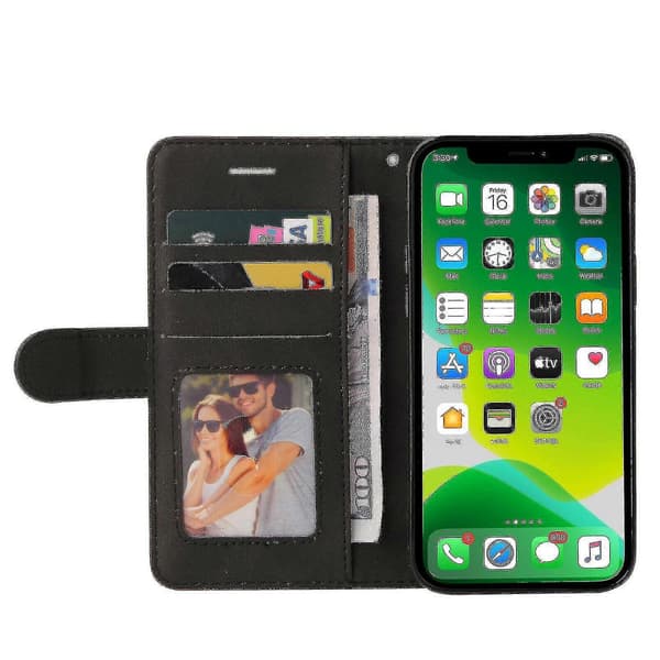 iPhone 13 -kotelo korttipidikkeellä, PU-nahkainen lompakkokotelo - musta