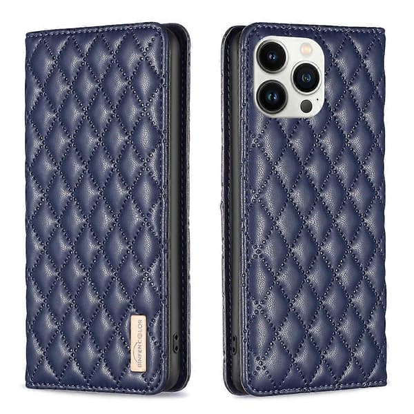 For iPhone 13 Pro Max Diamantgitter Magnetisk Flip-telefonveske i skinn