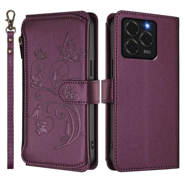 Fjäril Kärlek Blomma Multi-kort Dragkedja Plånbok Läder Telefonfodral (För Ulefone Note 20 Pro)