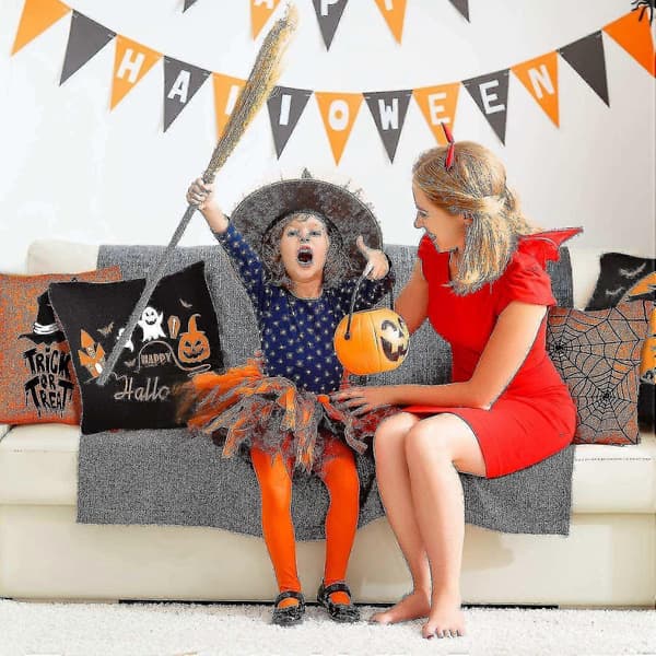 4 stk. Halloween pudebetræk, orange og sort pudebetræk, Happy Halloween linned sofapude