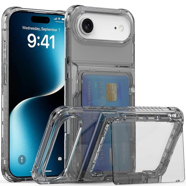 För iPhone 17 Air Clear Case PC+TPU Telefonfodral Korthållare Stativ