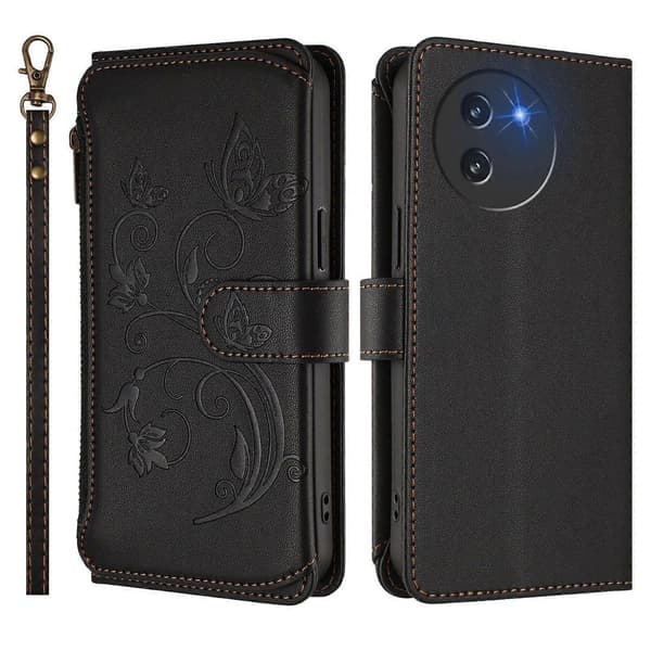 Fjäril Kärlek Blomma Multi-kort Dragkedja Plånbok Läder Telefonfodral (För Doogee Note 59 / Note 59 Pro)