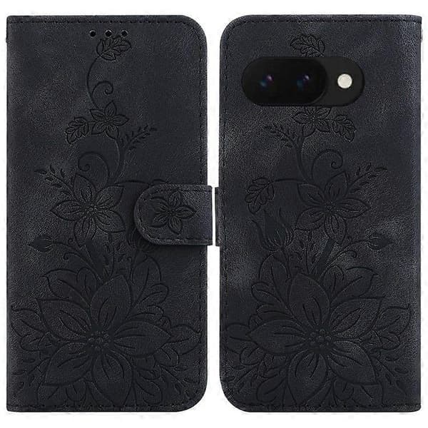 Til Google Pixel 9a etui med liljeblomstpræg i læder med stander (sort)