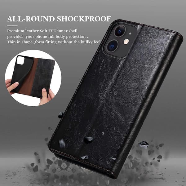 Pung Design Olie-Voks Læder Fuld Beskyttelse Telefon Stand Etui til iPhone 13 6.1 tommer