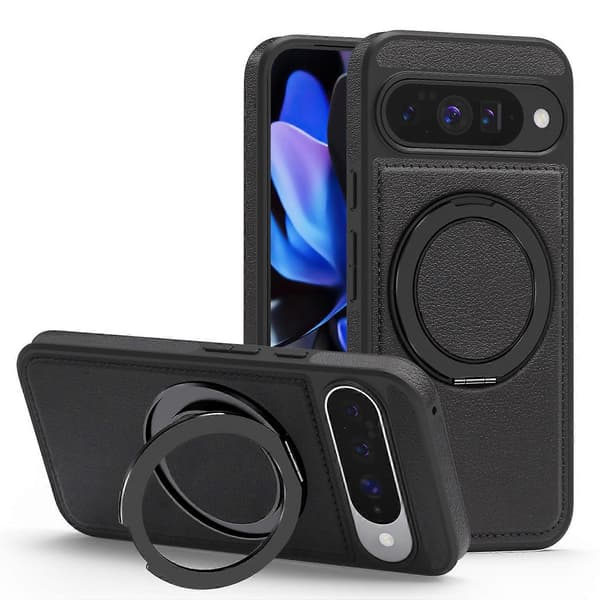 Til Google Pixel 10 Pro Pixel 10 etui med ringstativ kompatibel med MagSafe PU læderbagside (sort, sort)
