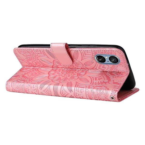 Präglat solrosläderfodral för Sony Xperia 5 V (Rosa)