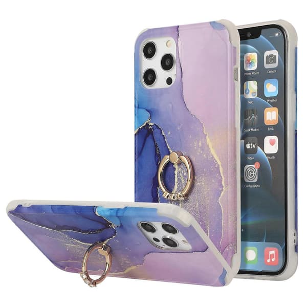 For iPhone 13 Pro Fire hjørner støtsikkert Flow Gold Marble IMD bakdeksel med metall rhinestone ring for iPhone 13 Pro