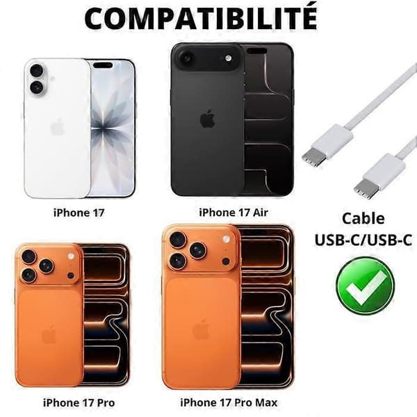 Pakke med 3 USB-C til USB-C-kabler for iPhone 17 / iPhone 17 AIR / iPhone 17 PRO / iPhone 17 PRO MAX - 1 meter flettet nylonkabel Phonillico®