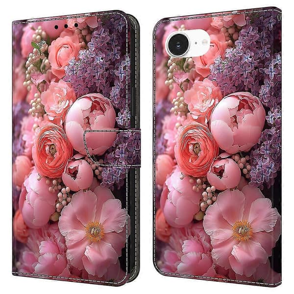 Läderfodral med mönstertryck, plånboksställ, flip-telefonfodral för iPhone 16e (Ranunculaceae)
