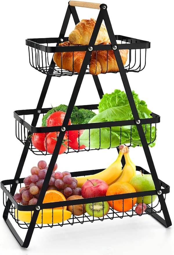 3-Tier Fruit Basket for Countertop - Detachable Rectangular Metal Mesh Storage Basket for Kitchen