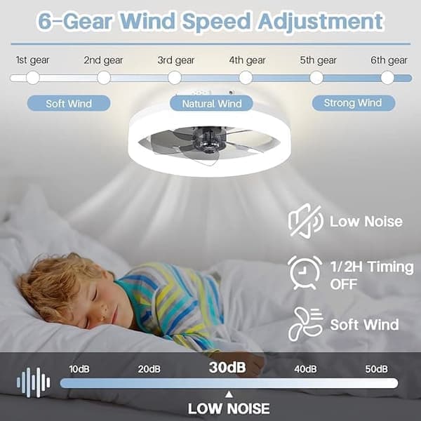 LED Ceiling Fan with Light - Silent, 6 Speeds, 3-Color Dimmable, Reversible Fan, with Remote Control white