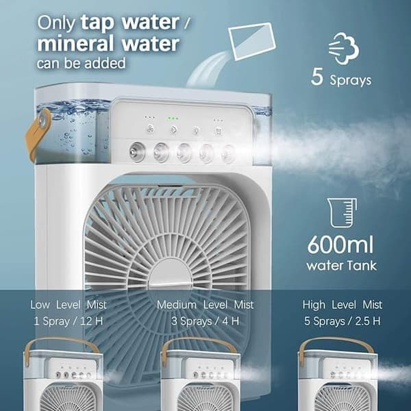 OBOSOE Bærbar Luftkøler, Sprayventilator med Justerbar Vindhastighed og Belysningsindstillinger, Timerfunktion white