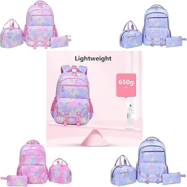 3-Piece School Backpack Set for Students - Backpack with Lunch Bag & Pencil Case, Comfortable and Breathable Carrying System for Daily Use purple