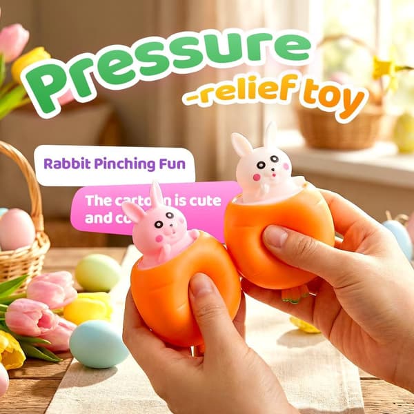 1/2-Pack Rabbit & Carrot Squishy - Squeezable Stress Toys, Pop-Up Decompression Toy for Relaxation & Easter Gift 1-Pack pink + 1-Pack white