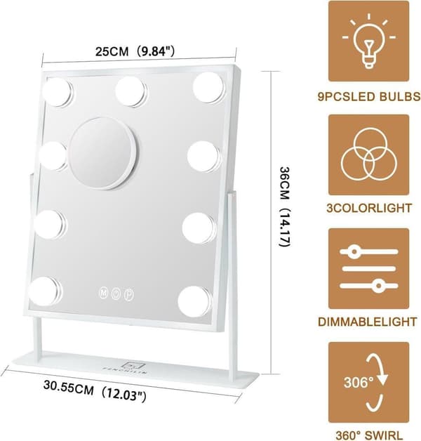 Makeup Mirror with Lights – Hollywood Mirror – Make Up Mirror, Dimmable with Three Light Modes & 10X Magnifying Mirror white