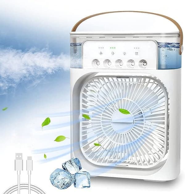 OBOSOE Bærbar Luftkøler, Sprayventilator med Justerbar Vindhastighed og Belysningsindstillinger, Timerfunktion white
