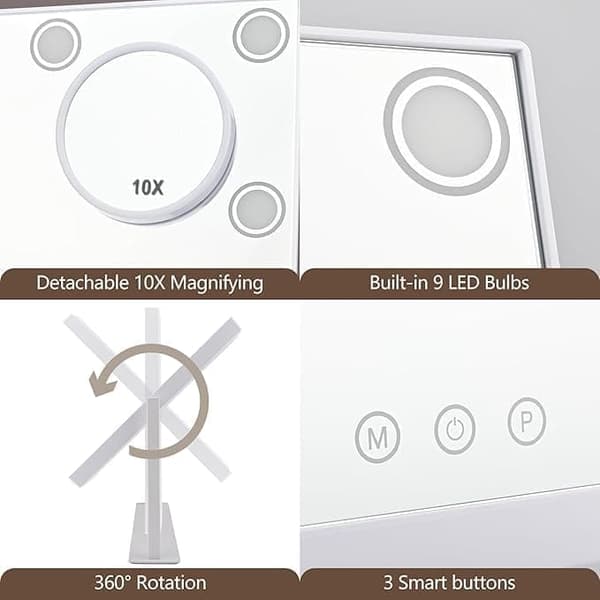 Makeup Mirror with Lights – Hollywood Mirror – Make Up Mirror, Dimmable with Three Light Modes & 10X Magnifying Mirror white