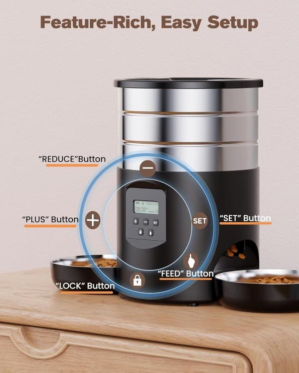 Automatisk Kattefoderautomat, 2 Skåle, Rustfrit Stål, Timer, Justerbare Portioner, 4,5 L, Dobbelt Strømkilde