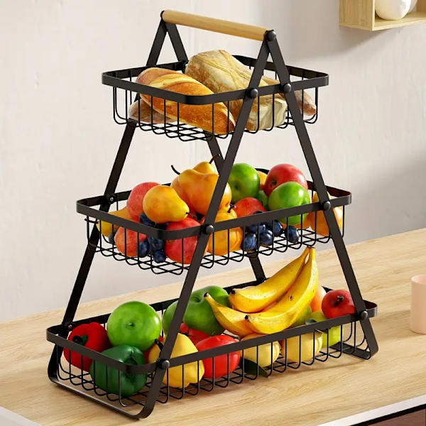 3-Tier Fruit Basket for Countertop - Detachable Rectangular Metal Mesh Storage Basket for Kitchen