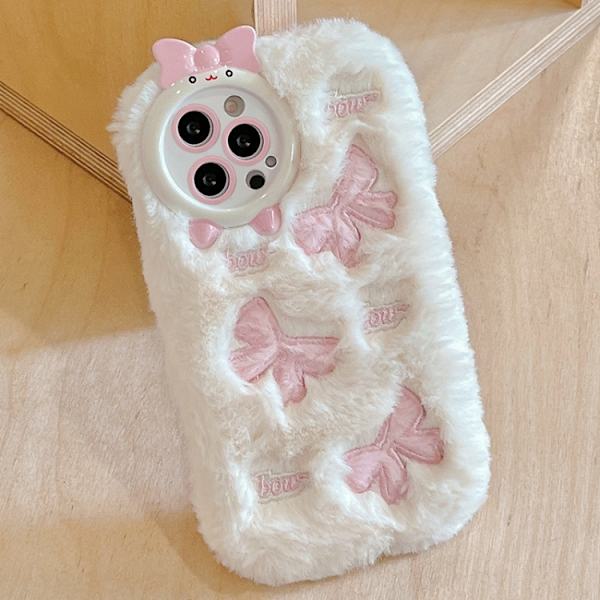 iPhone 16 Pro Plush Broderad Full Coverage Skal Vit & Rosa Rosett