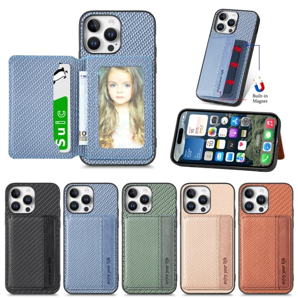 iPhone 18 Pro / iPhone 17 Pro Skal - kolfiber med magnetisk kortplånbok och RFID-skydd Blå