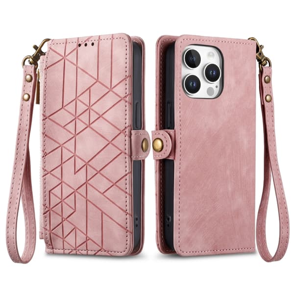 iPhone 16 Pro Max Geometrisk Dragkedja Skal med Sidobuckle Läder Fodral Rosa