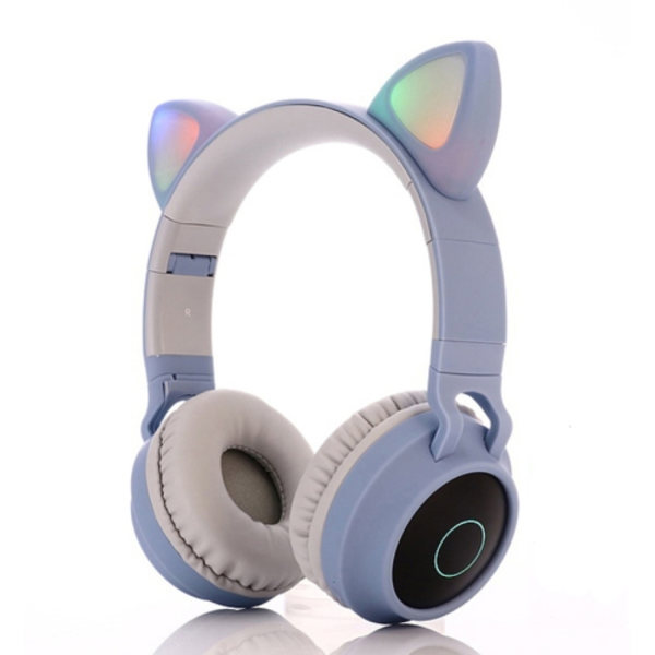BT028C Söta Kattöron Bluetooth 5.0 Hörlurar Vikbara On-Ear Stereo Trådlöst Headset Hörlurar med Mikrofon / LED-ljus / FM-radio / TF-kort Blå