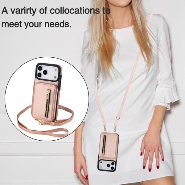 iPhone 17 Pro Skal med Zipper Card Bag och Dubbel Lanyard Roséguld