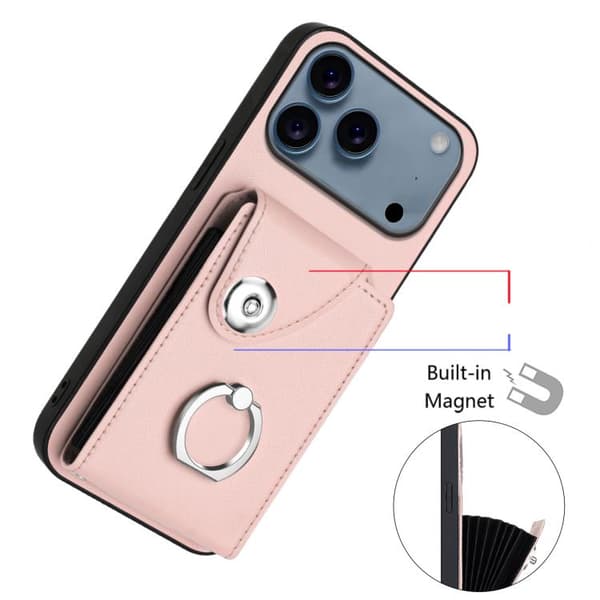 iPhone 18 Pro / iPhone 17 Pro Skal med Organ Kortväska och Ringhållare samt Lång Lanyard Rosa