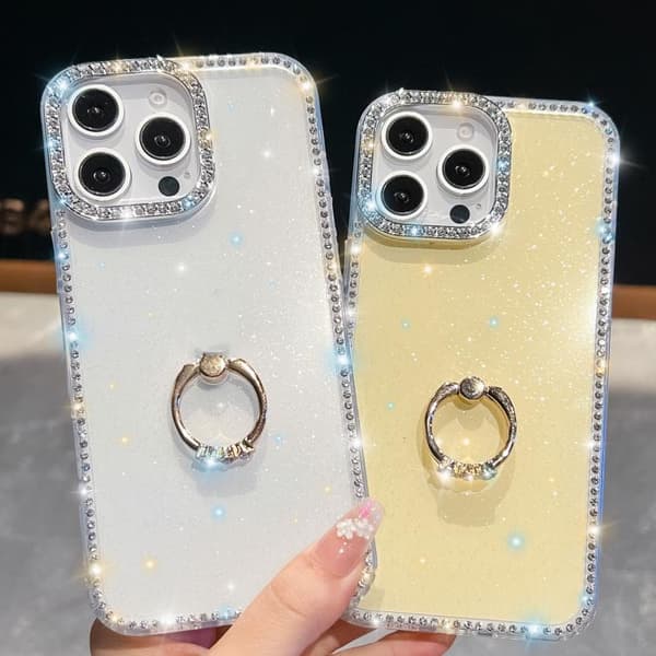 iPhone 18 Pro Max / iPhone 17 Pro Max Skal med Rhinestone Glitter och Ringhållare, Anti-fall Vit